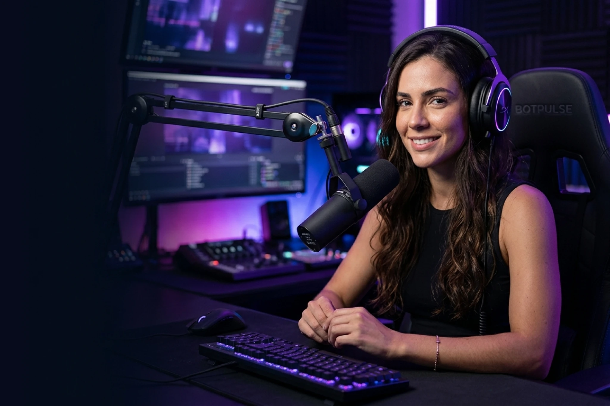 Streamer brasileira em estúdio profissional dark com fone de ouvido e microfone de broadcast